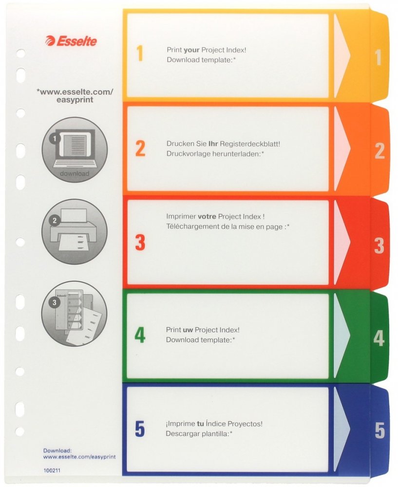 Przekładki do segregatora Esselte Maxi, plastikowe, numeryczne, do zadruku, A4, 1-5 kart, mix kolorów