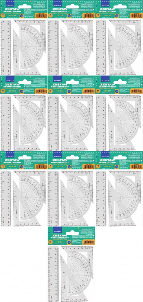 10x Zestaw geometryczny Starpak, 4 elementy, z linijką 15cm, transparentny