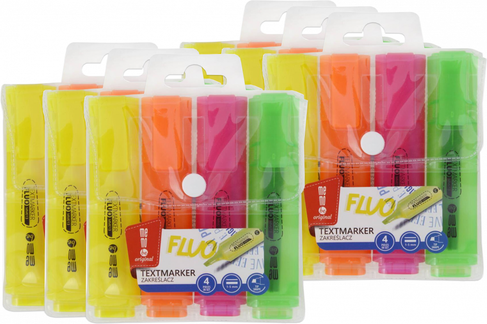 6x Zakreślacz MemoBe, ścięta, w etui, 4 sztuki, mix kolorów neonowych