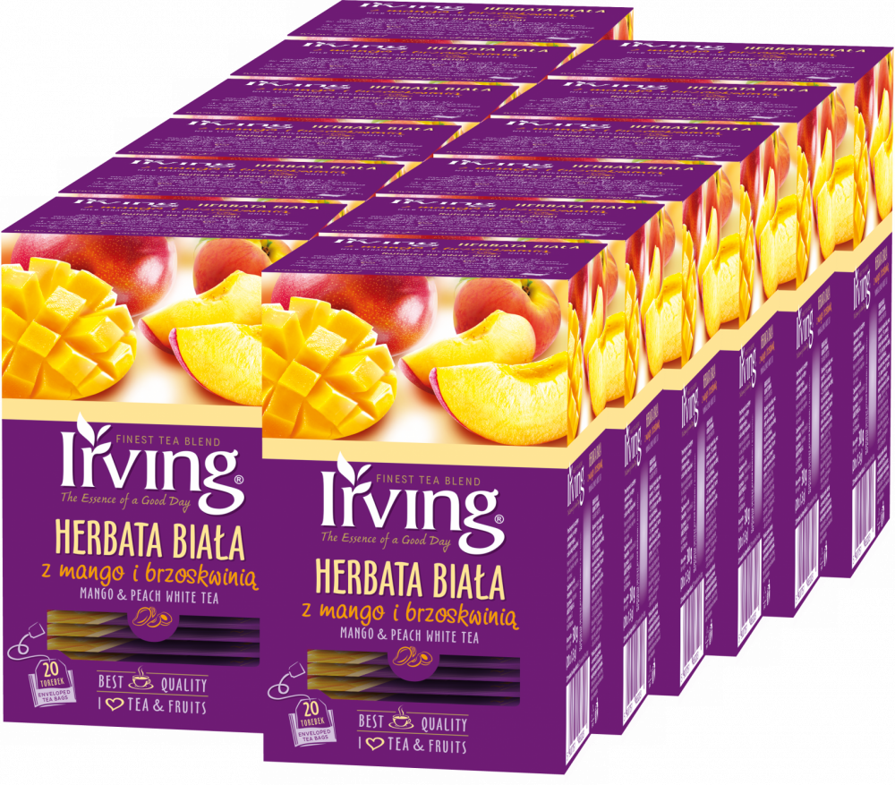 12x Herbata biała smakowa w kopertach Irving, mango z brzoskwinią, 20 sztuk x 1.5g