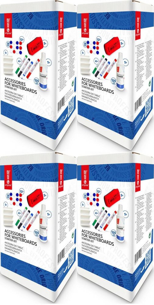 4x Zestaw startowy do tablic MemoBe, płyn 125ml, 4 markery, gąbka magnetyczna, uchwyt na markery, 12 magnesów
