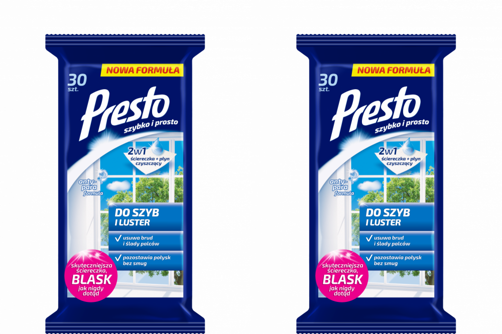 2x Chusteczki do czyszczenia szyb i luster Presto, nawilżone, 30 sztuk