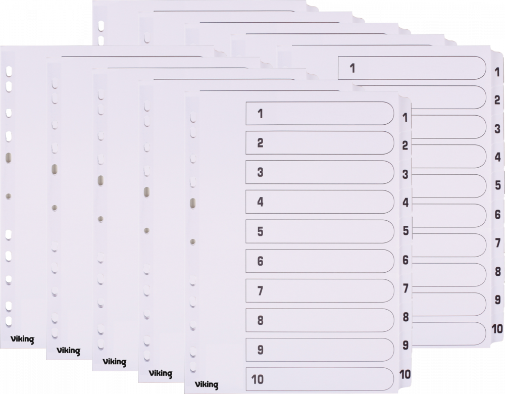 10x Przekładki do segregatora Viking Mylar, kartonowe, numeryczne, A4, 1-10 kart, biały