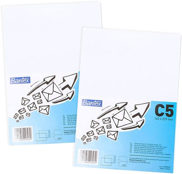 2x Koperta standardowa Bantex, C5, z paskiem HK, 50 sztuk, biały