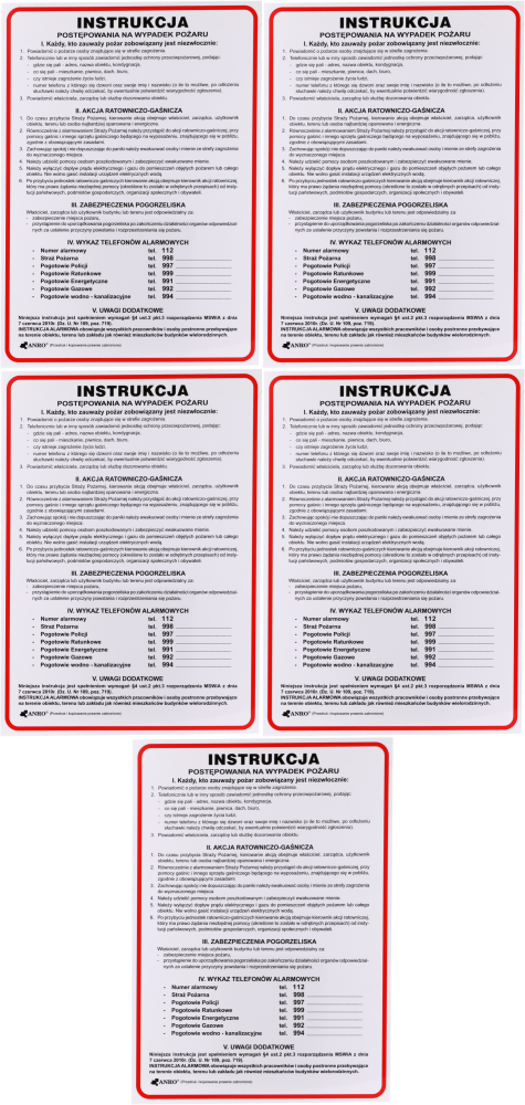 5x Tabliczka informacyjna Anro, "Instrukcja postępowania na wypadek pożaru"