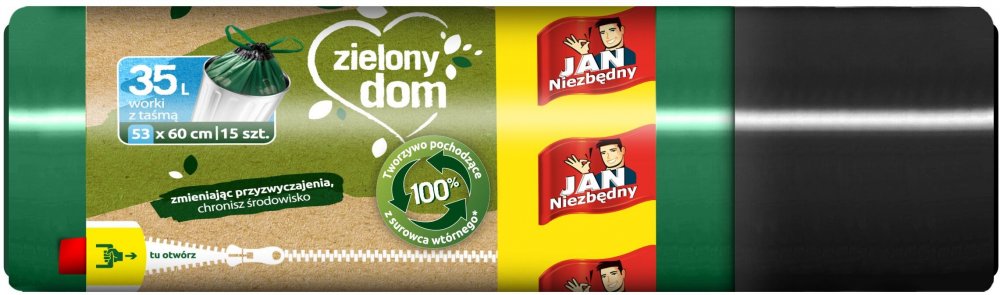 Worki na śmieci Jan Niezbędny Zielony Dom, na odpady zmieszane, ekologiczne, 35l, 15 sztuk, zielono-czarny