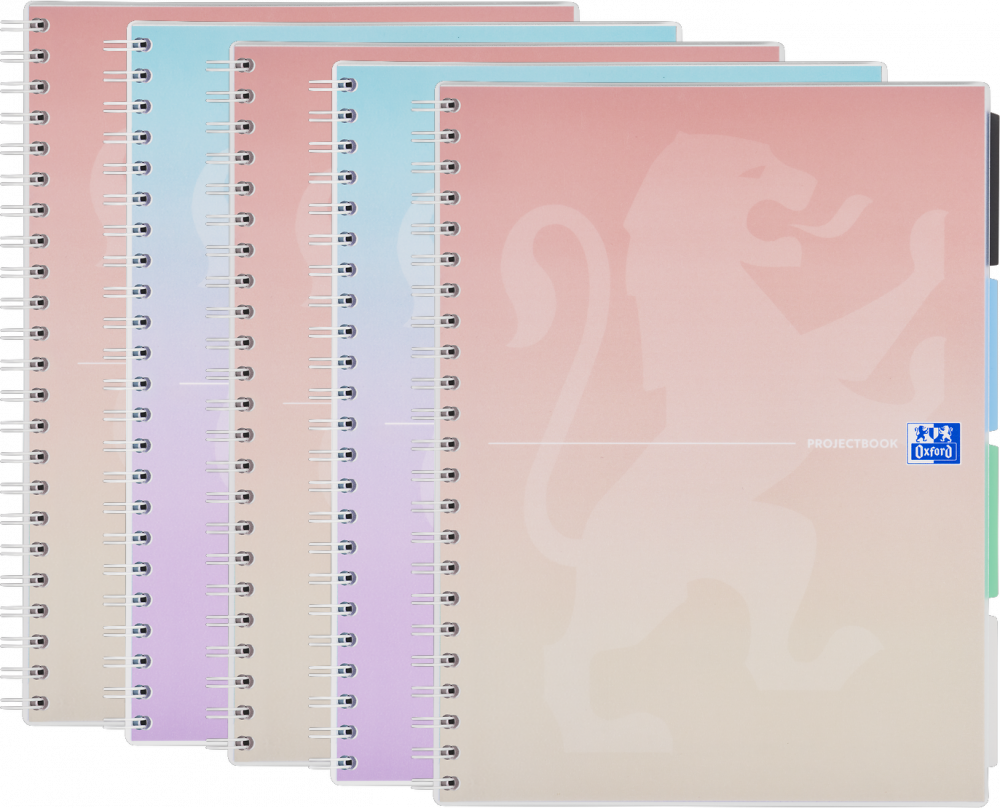 5x Kołonotatnik Oxford Gradient Projectbook, A4, w kratkę, 80 kartek, okładka PP, mix kolorów pastelowych