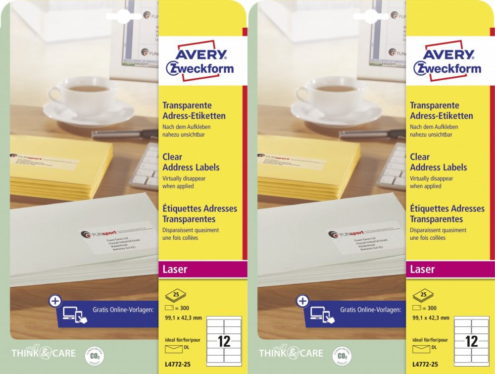 2x Etykiety adresowe Avery Zweckform QuickPeel, 99.1x42.3mm, 25 arkuszy, przezroczysty