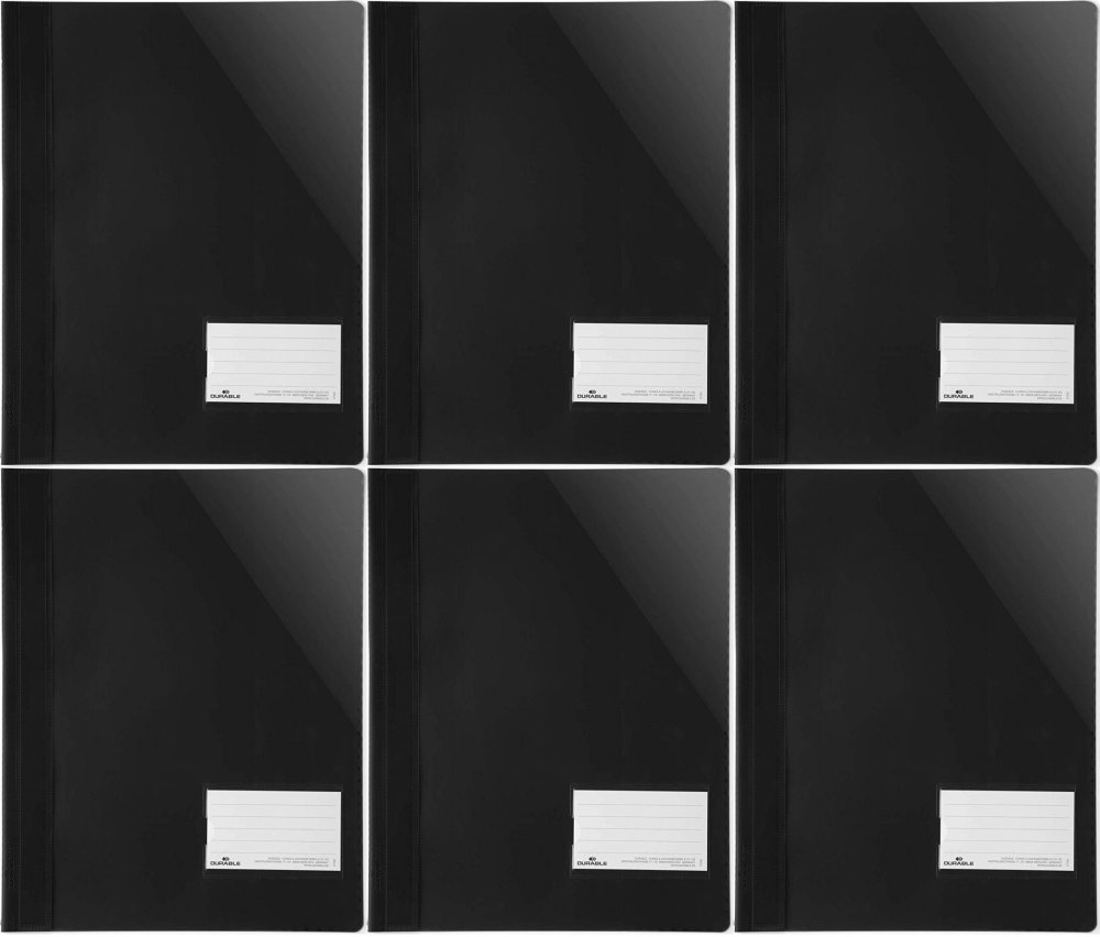 6x Skoroszyt plastikowy Durable, A4+, z okienkiem, do 200 kartek, przezroczysty/czarny
