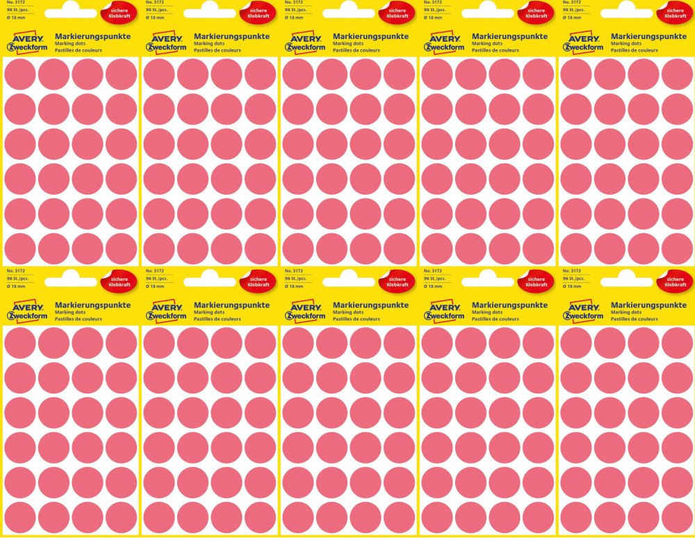 10x Etykiety Avery Zweckform, okrągłe, średnica 18mm, 96 sztuk, czerwony odblaskowy