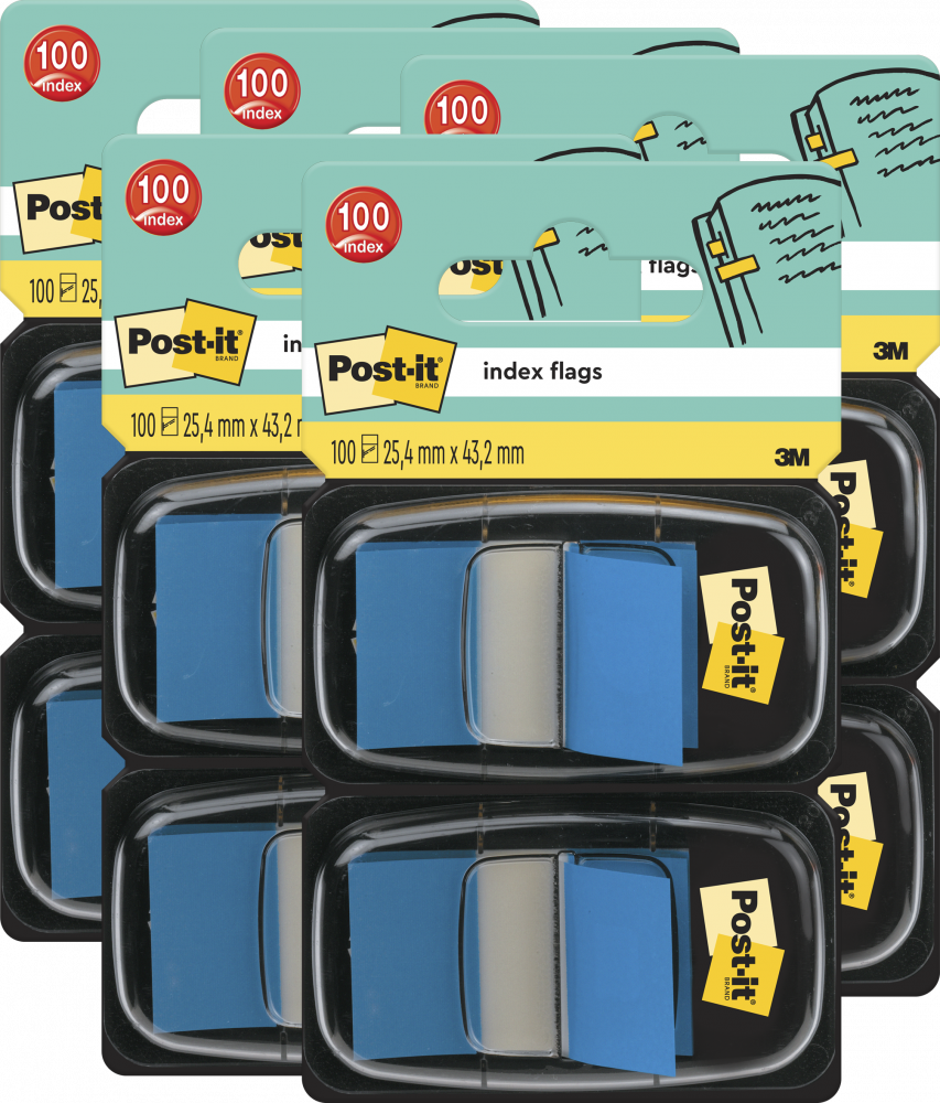 5x Zakładki samoprzylepne Post-it (680-B2EU), proste, indeksujące, folia, pótransparentne, 25.4x43.2mm, 2x50 sztuk, niebieski