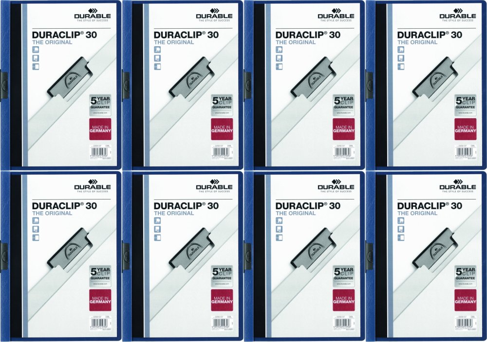 8x Skoroszyt plastikowy z klipsem Durable Duraclip, A4, do 30 kartek granatowy