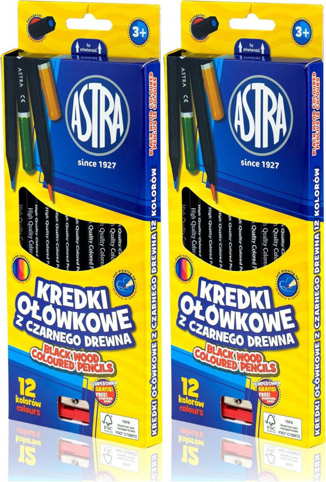 2x Kredki ołówkowe Astra, heksagonalne, z czarnego drewna, 12 kolorów + temperówka