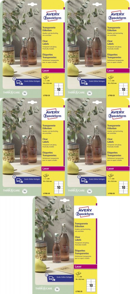 5x Etykiety oznaczeniowe Crystal Clear Avery Zweckform, 96x50.8mm, 25 arkuszy, przezroczysty