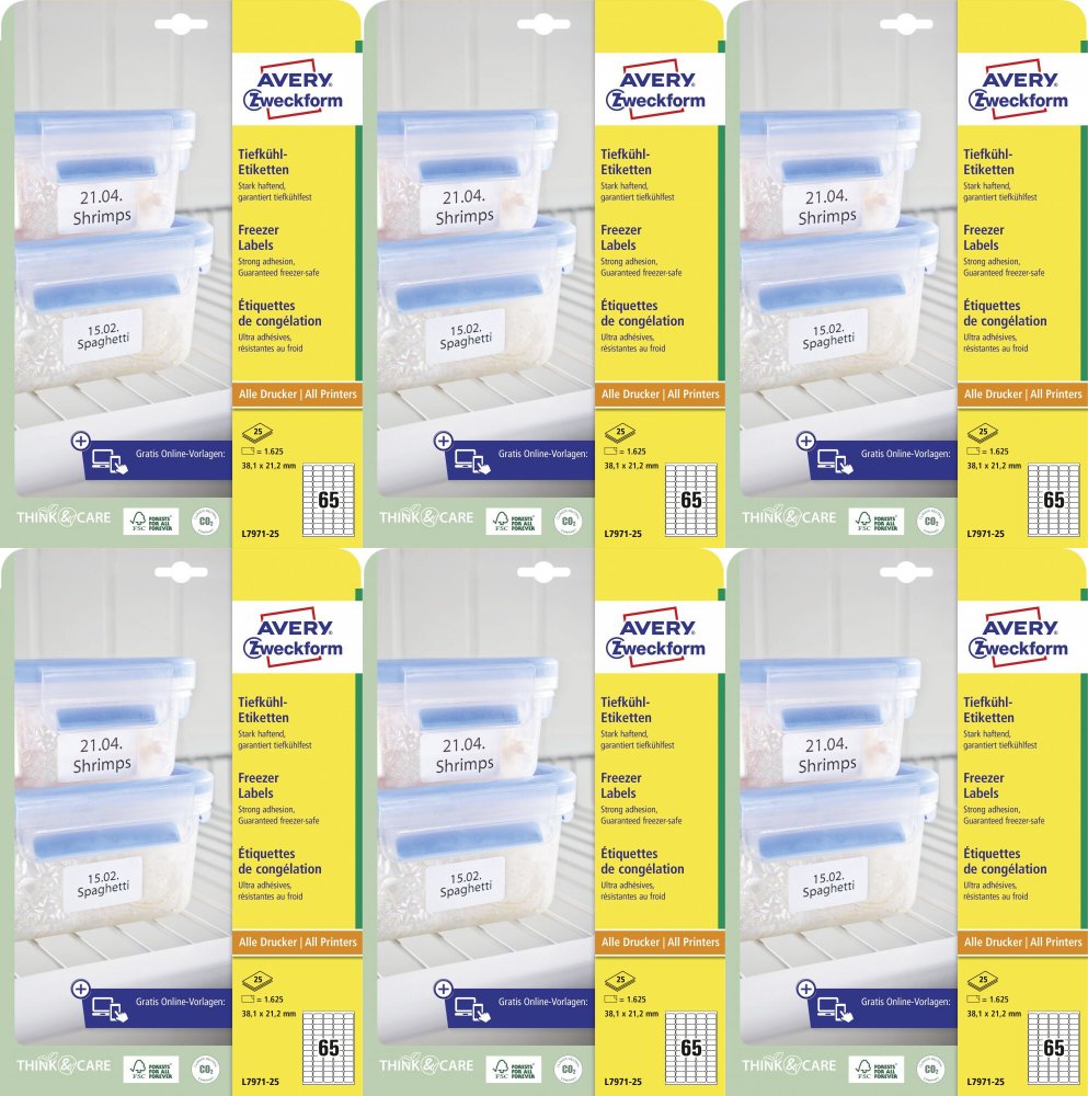 6x Etykiety na mrożonki Avery Zweckform, 38.1x21.2mm, 25 arkuszy, biały