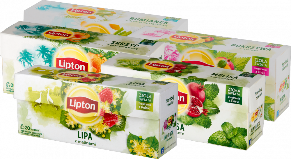 Zestaw herbat ziołowych Lipton: pokrzywa z mango +lipa z malinami +rumianek z trawą cytrynową +skrzyp z pomarańczą +melisa z granatem, 100 sztuk