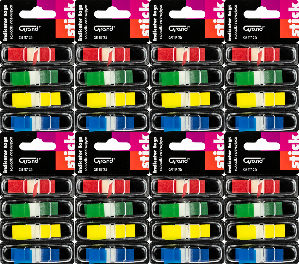 8x Zakładki samoprzylepne Grand ZZ GR-117-25, indeksujące, w podajniku, 45x12 mm, 4x25sztuk, mix kolorów