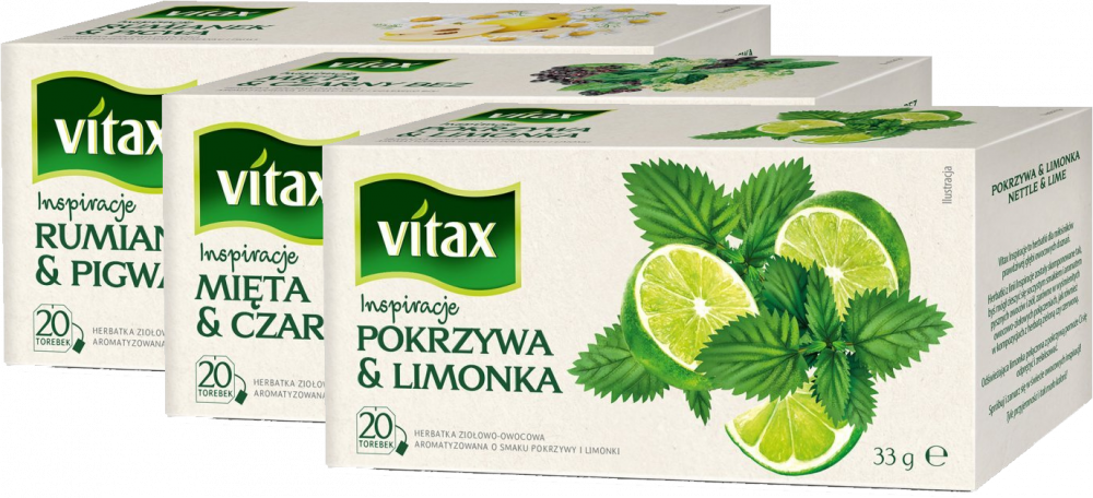 Zestaw herbat ziołowo-owocowych Vitax Inspirations: rumianek & pigwa, 20 sztuk + pokrzywa & limonka, 20 sztuk + mięta & czarny bez, 20 sztuk