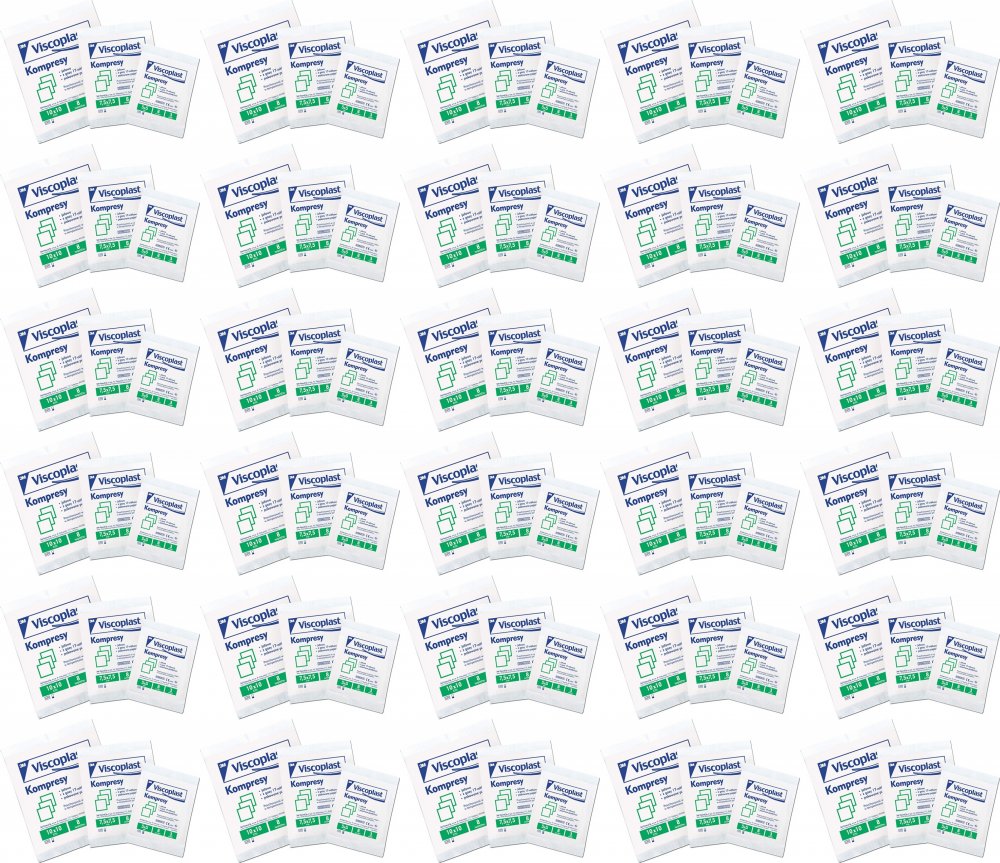 100x Jałowe kompresy gazowe Viscoplast, bawełniane, 17-nitkowe, 8 warstw, 5x5cm, 3 sztuki