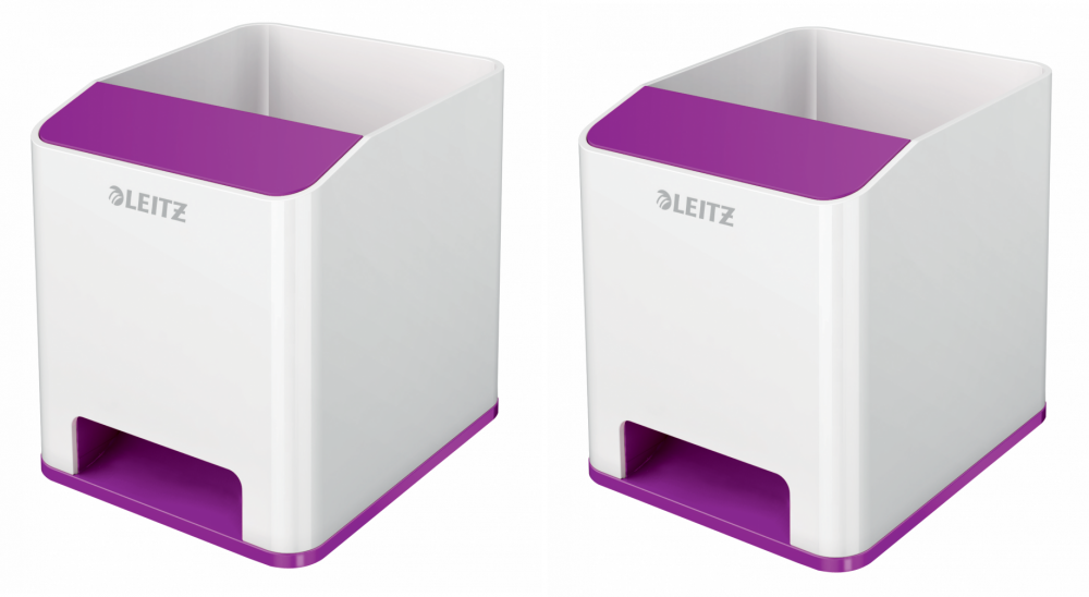 2x Kubek na długopisy Leitz Wow, ze wzmacniaczem dźwięku, 90x100x101mm, dwukolorowy, biało-fioletowy