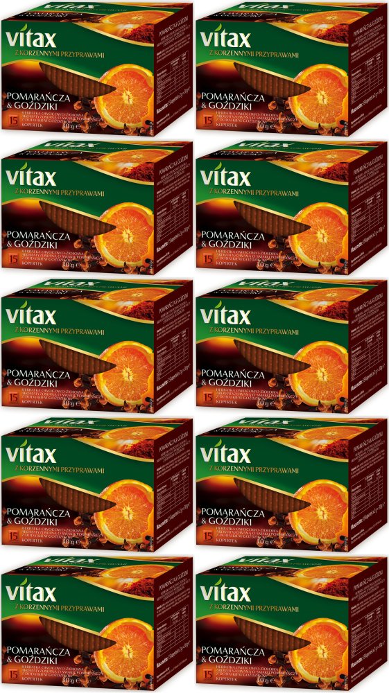 10x Herbata owocowo-ziołowa w kopertach Vitax z korzennymi przyprawami, pomarańcza i goździki, 15 sztuk x 2g
