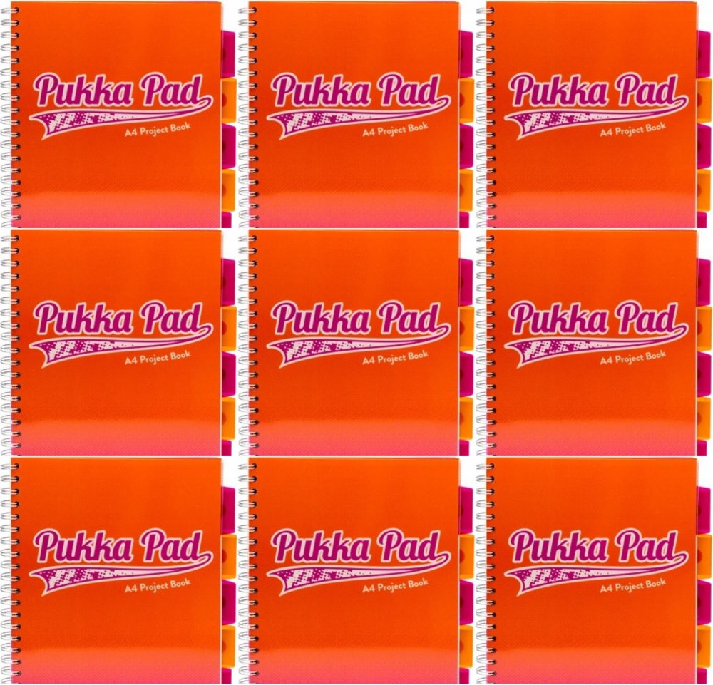 9x Kołonotatnik Pukka Pad Fusion Project Book, A4, w kratkę, 200 kartek, okładka PP, pomarańczowy