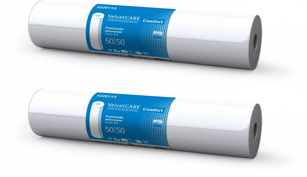 2x Prześcieradło papierowe VelvetCARE Professional Comfort, 2-warstwowe, 50cm x 50m, 1 rolka, biały