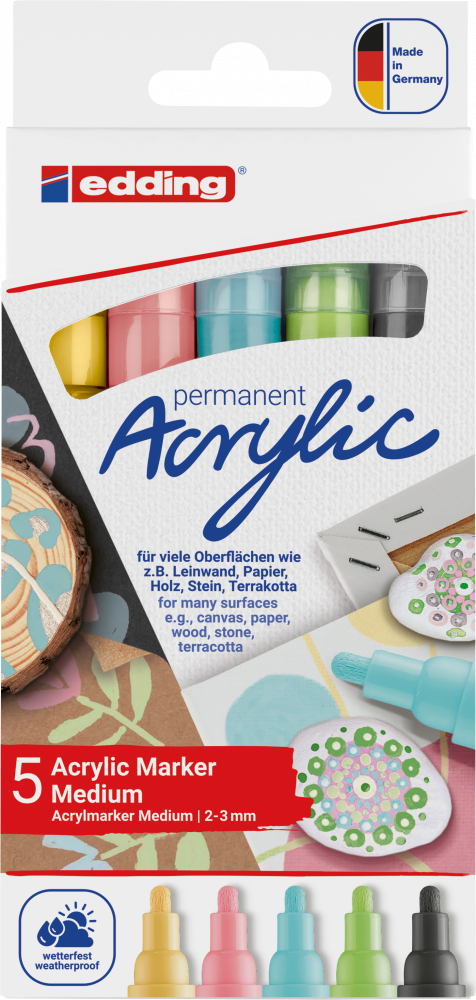 Marker akrylowy edding 5100, okrągła, 2-3mm, 5 sztuk, mix kolorów pastelowych