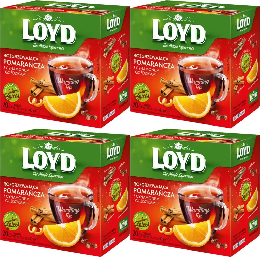 4x Herbata owocowa w kopertach Loyd Rozgrzewająca Pomarańcza z Cynamonem i Goździkami, 20 sztuk x 2g