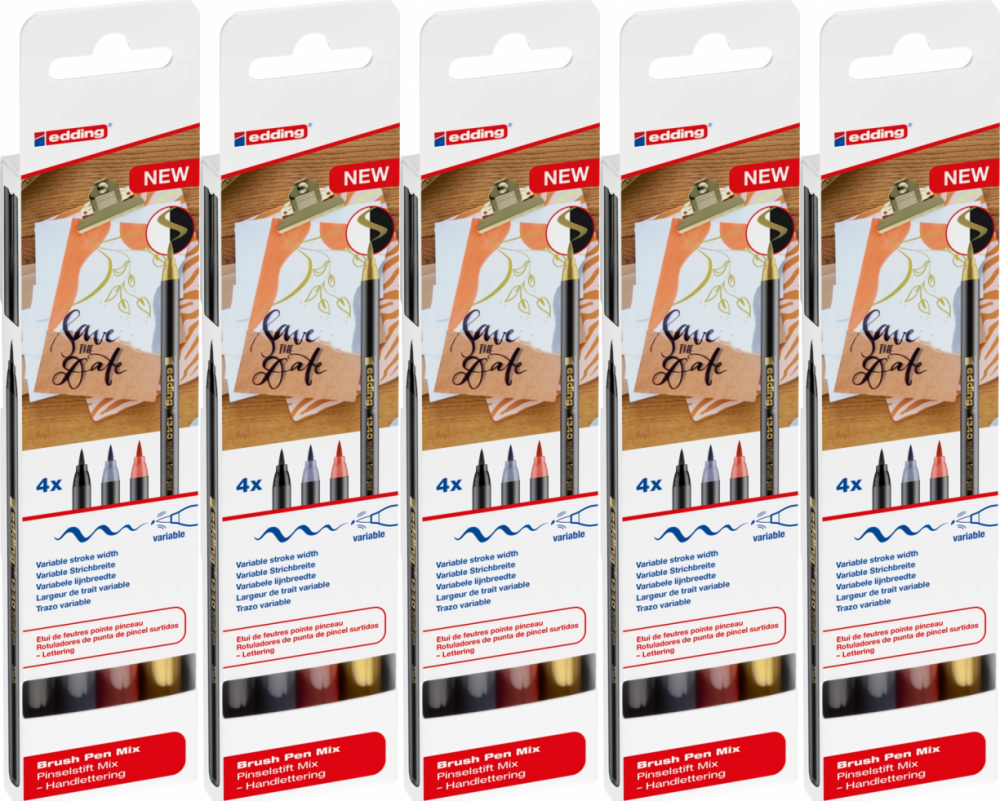 5x Pisak z końcówką pędzelkową edding 1340, 4 sztuki, mix kolorów metalicznych