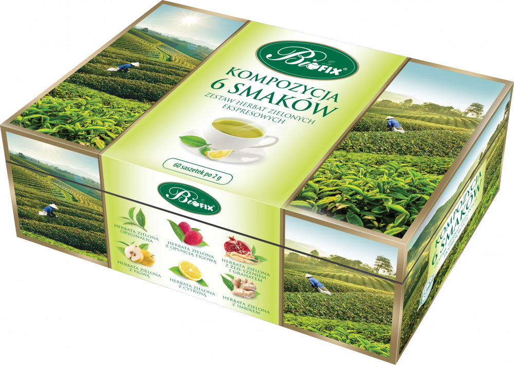 Zestaw herbat w kopertach BiFix, Kompozycja 6 herbat zielonych, 6 smaków, 60 sztuk x 2g