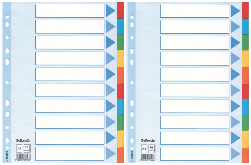 2x Przekładki do segregatora Esselte, kartonowe, A4, 10 kart, mix kolorów