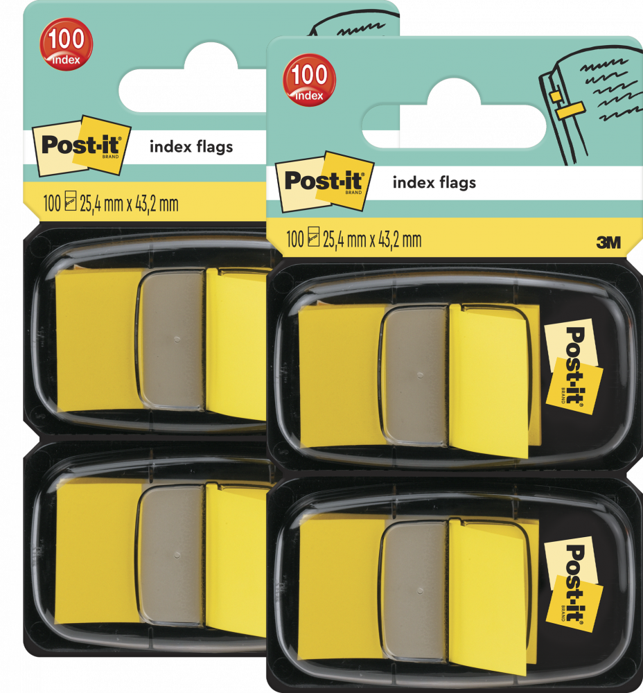 2x Zakładki samoprzylepne Post-it proste, indeksujące, folia, półtransparentne, 25x43mm, 2x50 sztuk, żółty