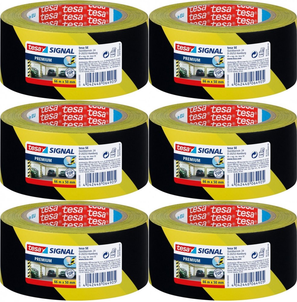 6x Taśma ostrzegawcza Tesa Signal Premium, samoprzylepna, PVC, 66mx50mm, czarno-żółty