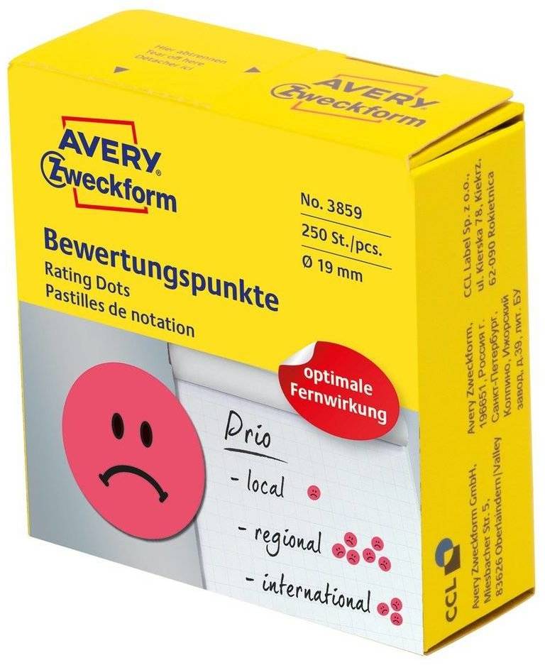 Etykiety "smutna buźka" Avery Zweckform, okrągłe, średnica 19mm, 250 sztuk, czerwony