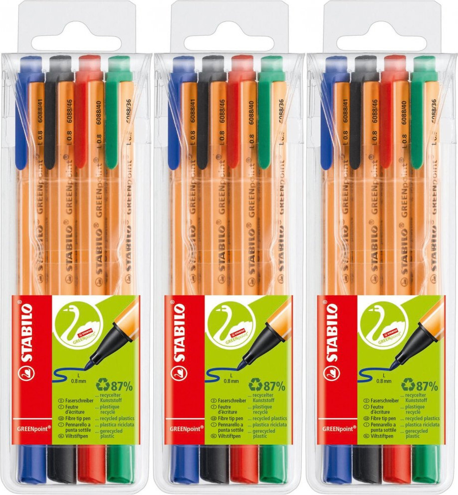 3x Cienkopis Stabilo Green Point, 0.8 mm, w etui, 4 sztuki, mix kolorów