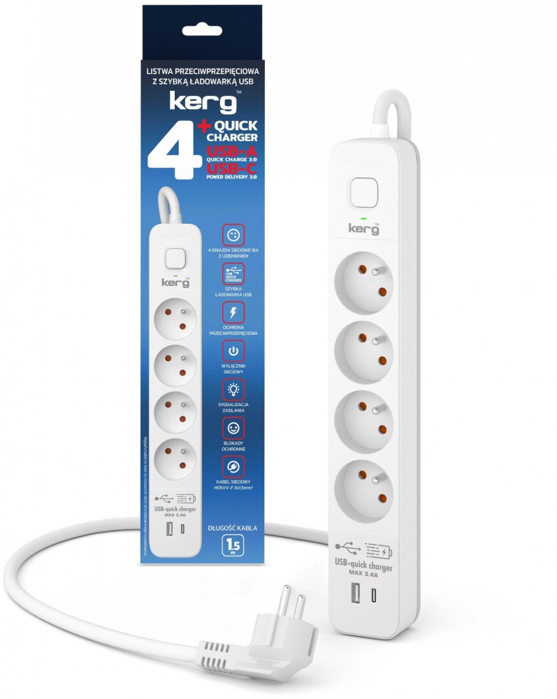 Listwa przeciwprzepięciowa Kerg, 1.5m, 4 gniazda + szybka ładowarka 1xUSB-A/1x USB-C, biało-szary