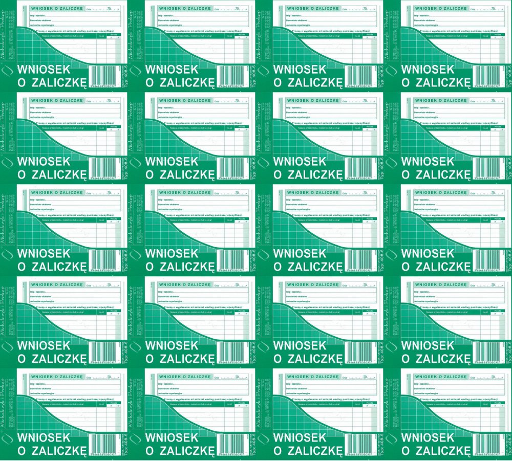20x Druk akcydensowy Wniosek o zaliczkę MiP 408-5, A6, offsetowy, 40k