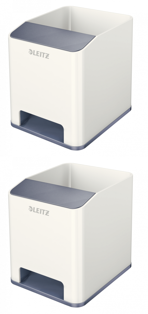2x Kubek na długopisy Leitz Wow, ze wzmacniaczem dźwięku, 90x100x101mm, dwukolorowy, biało-szary