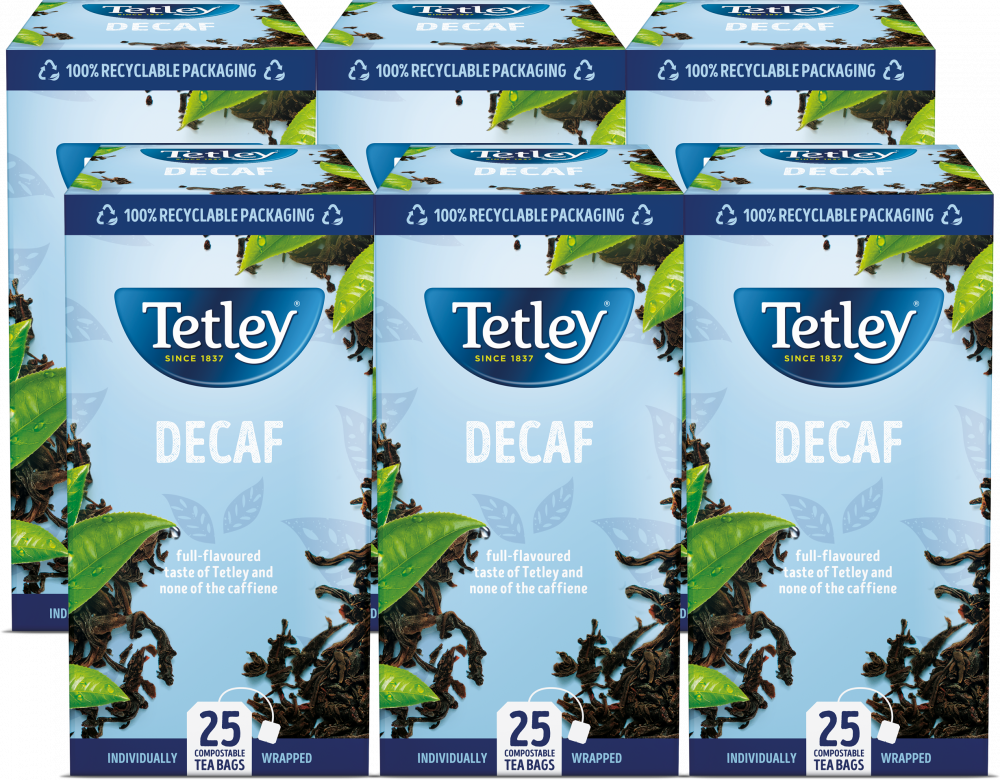 6x Herbata czarna bezkofeinowa w kopertach Tetley Decaf S&T, 25 sztuk x 2g