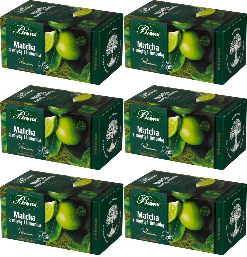 6x Herbata zielona w kopertach BiFix matcha z miętą i limonką, 20 sztuk x 2g