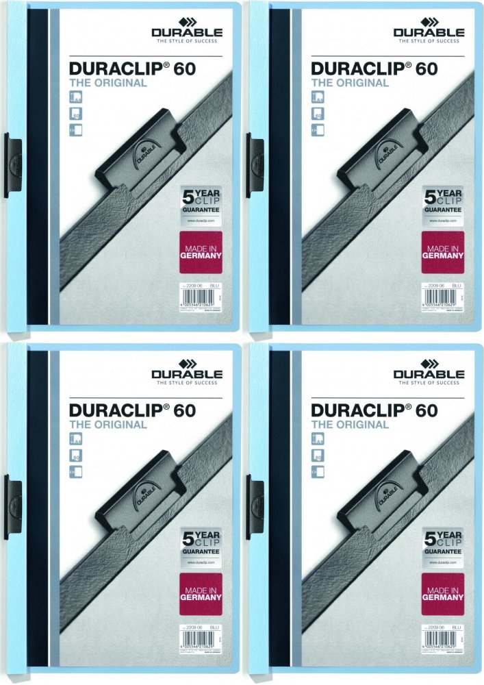 4x Skoroszyt plastikowy z klipsem Durable DuraClip, A4, do 60 kartek niebieski