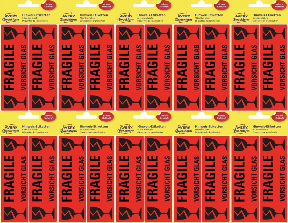10x Etykiety ostrzegawcze Avery Zweckform, z nadrukiem "Fragile" (uwaga szkło), 119x38 mm, 10 sztuk, jaskrawo czerwony