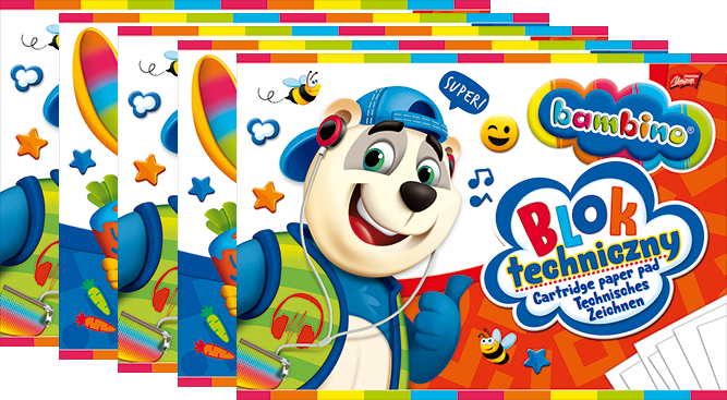 5x Blok techniczny Bambino Zwierzaki Uczniaki, A4, 10 kartek, biały