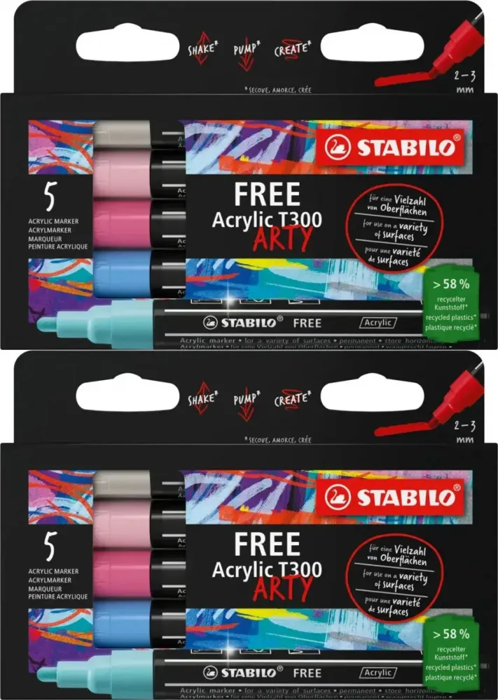 2x Pisak akrylowy Stabilo Free Acrylic T300 692/5 Candy Set, okrągła, 2-3mm, 5 sztuk, mix kolorów