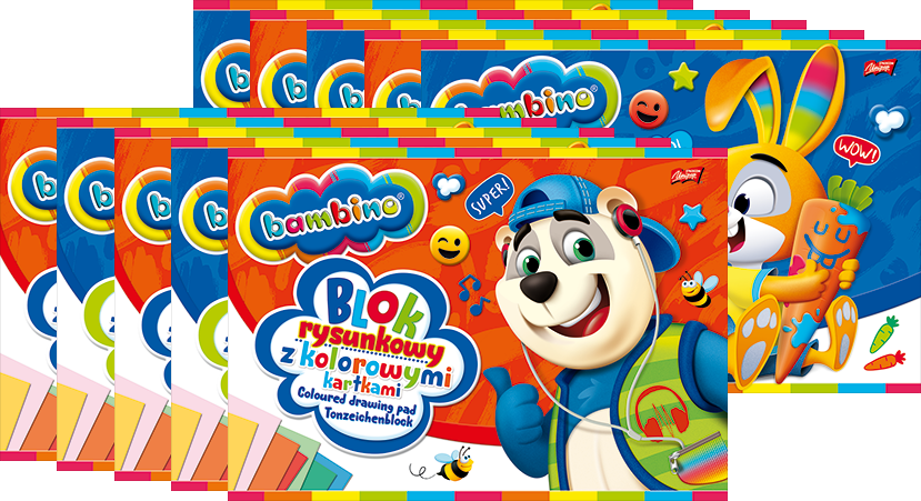 10x Blok rysunkowy Bambino Zwierzaki Uczniaki, A4, 16 kartek, kolorowy