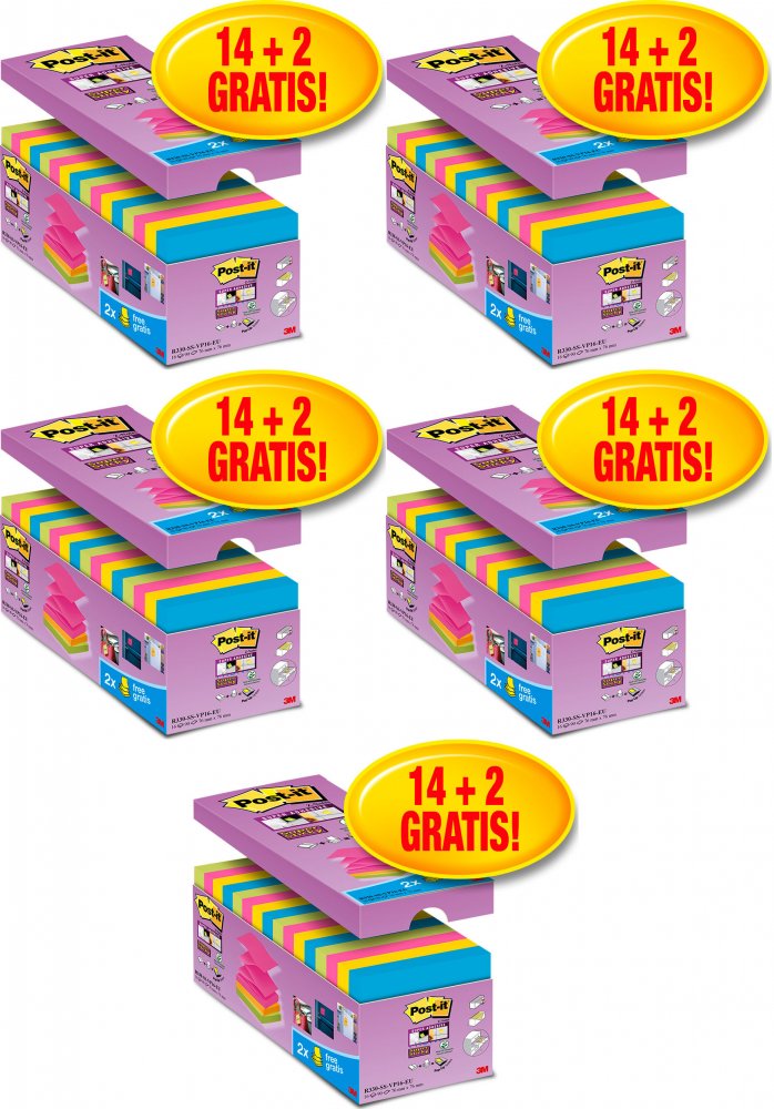 5x Karteczki samoprzylepne Post-It Super Sticky Z-Notes (R330-SS-VP16), 76x76mm, 16 (14+2 gratis) x 90 karteczek, mix kolorów