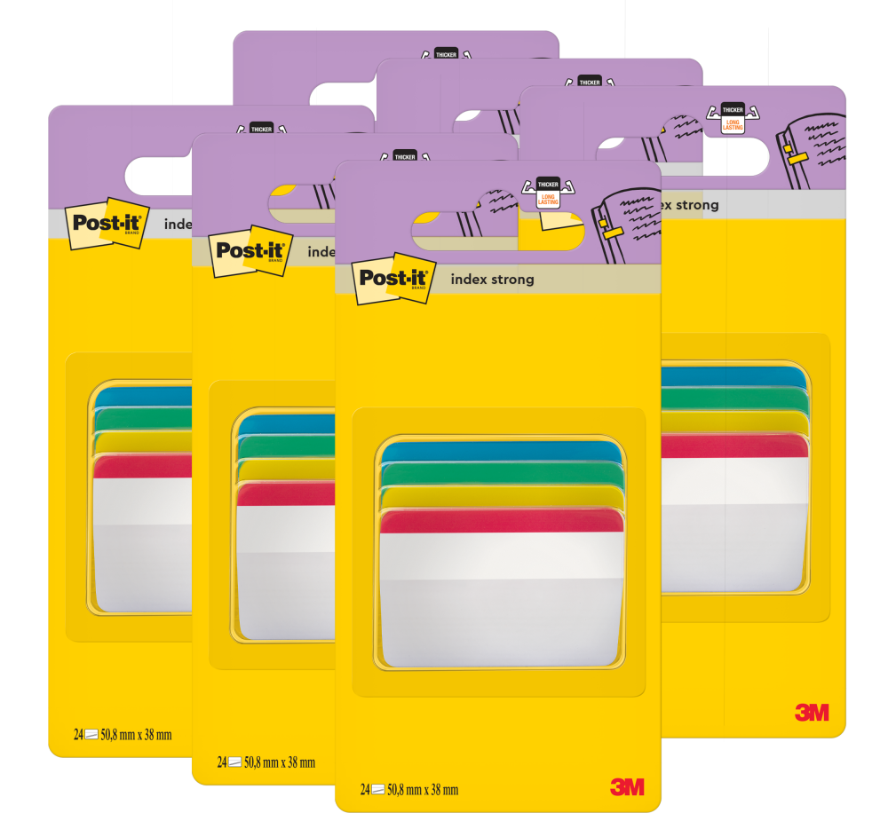 6x Zakładki samoprzylepne Post-it wygięte, indeksujące, silne, folia, transparentne, 50.8x38mm, 4x6 sztuk, mix kolorów