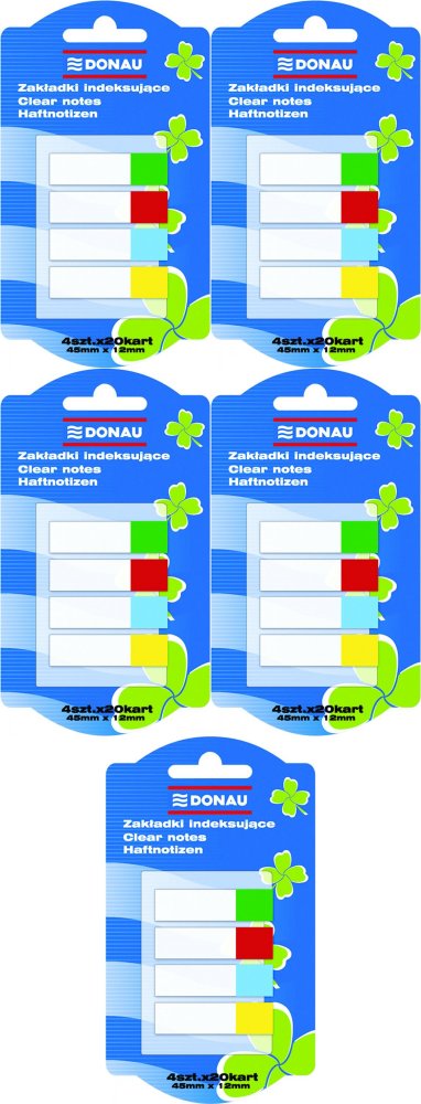 5x Zakładki samoprzylepne Donau, proste, indeksujące, folia PP, 12x45mm, 4x20 sztuk, mix kolorów