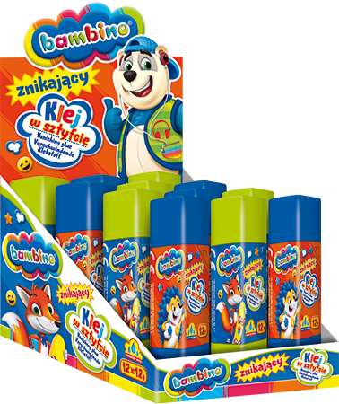 12x Klej w sztyfcie Bambino Zwierzaki Uczniaki, znikający, 12g